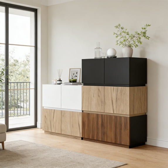 Stackable Small Storage Cabinet with 2 Doors, Modular Closet Solution and Short Storage Cabinet, Elegant Accent Cabinet for Home or Office Organization, Oak