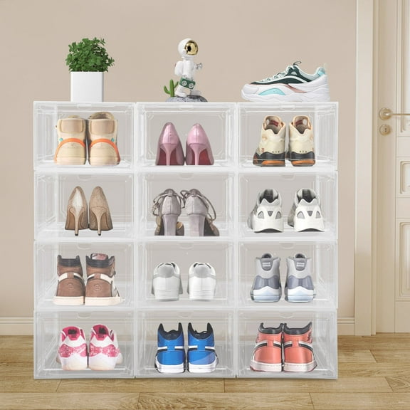 Stackable Sneaker Boxes, Shoe Display Cases 12 Items Clear PP, Acrylic Shoe Containers, 12*Stackable Shoe Boxes