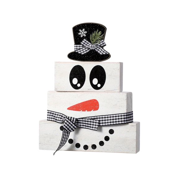 Stackable Snowman Wood Blocks, 4 Piece 5.91 Inch Winter Table Sign With Hat and Plaid Bow
