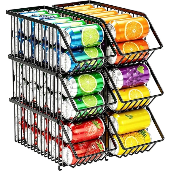 Stackable Soda Can Organizer Rack, Stacking Can Dispensers Refrigerator Organizer Bins Pop Soda Dispenser Canned For Fridge, Freezer, Kitchen, Cabinets (Black, 6)