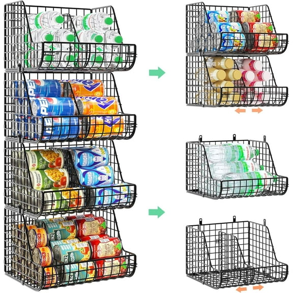Stackable Soda Can Organizer Stores Up to 72 Cans, 4-Pack Can Storage Organizer for Pantry Shelves, 4-Tier Kitchen Can Holders with 4 Adjustable Dividers, Wire Drink Organizer