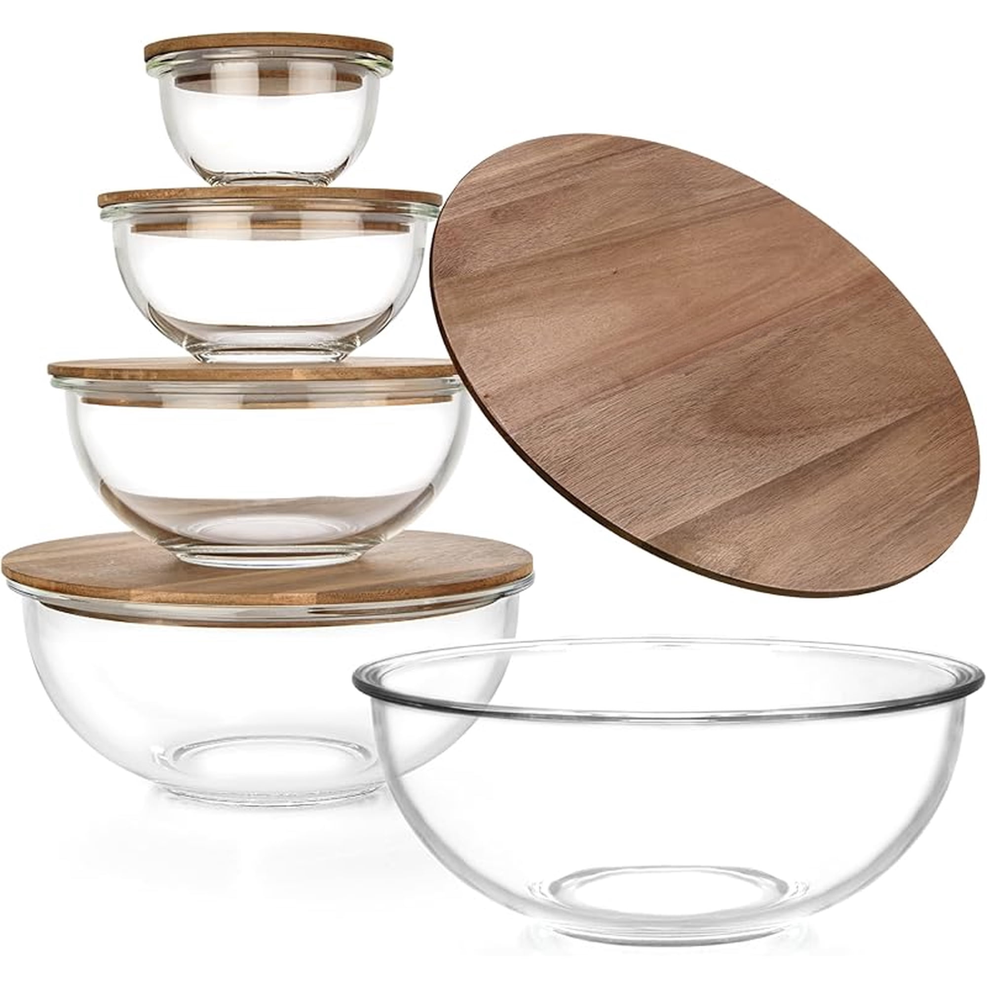 Set of 5 Nesting Glass Bowls with Acacia Lids