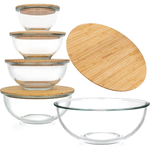 Stackable Space-Saving Set of 5 Nesting Glass Bowls with Bamboo Lids for Foodprep, Storage, Baking, Mixing & Cooking, Microwave & Oven Safe BPA Free Heat Resistant Inert Borosilicate Glass