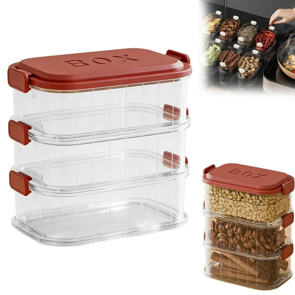 Stackable Spice Storage Box,Multi-Layer Sealed Spice Organizer,Travel Spice Containers and Camping Spices Kit,With Clear Compartments for Kitchen Spices,Cereal,Condiments with Lid (Red,3Layers)