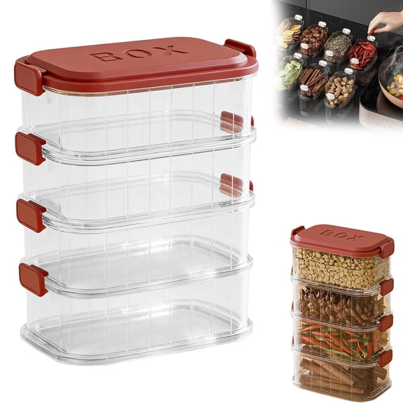 Stackable Spice Storage Box,Multi-Layer Sealed Spice Organizer,Travel Spice Containers and Camping Spices Kit,With Clear Compartments for Kitchen Spices,Cereal,Condiments with Lid (Red,4Layers)