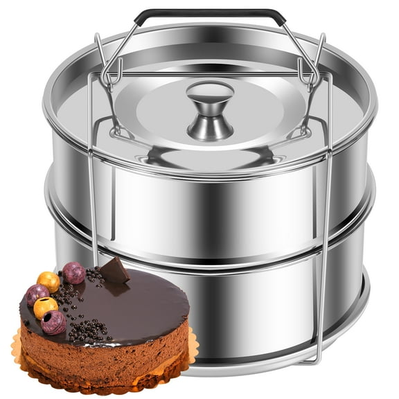 Stackable Steamer Insert Pans with Handle Lid 304 Stainless Steel Stackable Pot in Pot Insert Double Layer Stackable Insert Pans (1.3QT+1.1Qt) Steam Pot Insert for Baking Lasagna Food Steamer
