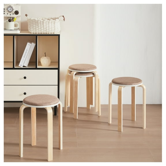 Stackable Stools Set of 4, Round Backless Dining Chairs for Kitchen, 18.5" Height, Solid Wood Construction,Coffee