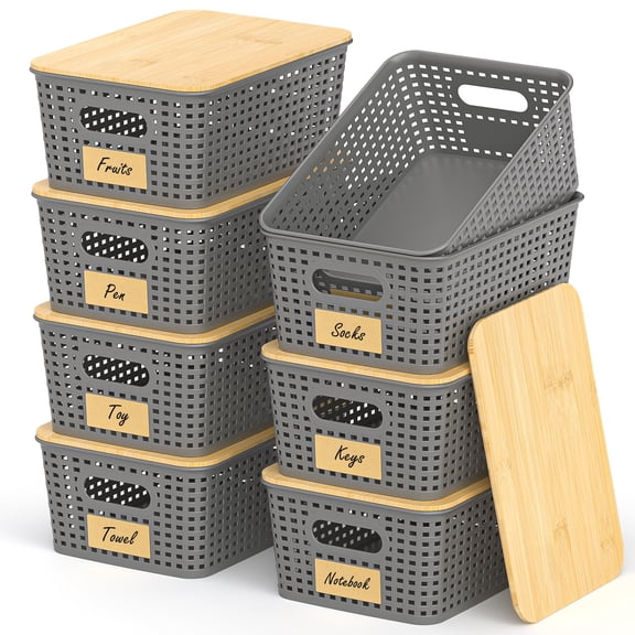Stackable Plastic Storage Baskets, 8 Pack Grey, For Organizing Pantry Closets Shelves