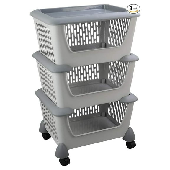 Stackable Storage Baskets 3-Tier, Plastic Kitchen Organizer with Wheels - 18x14.4x28.7in, Heavy Duty Household Rolling Organizer Bin for Pantry, Fruit, Vegetables