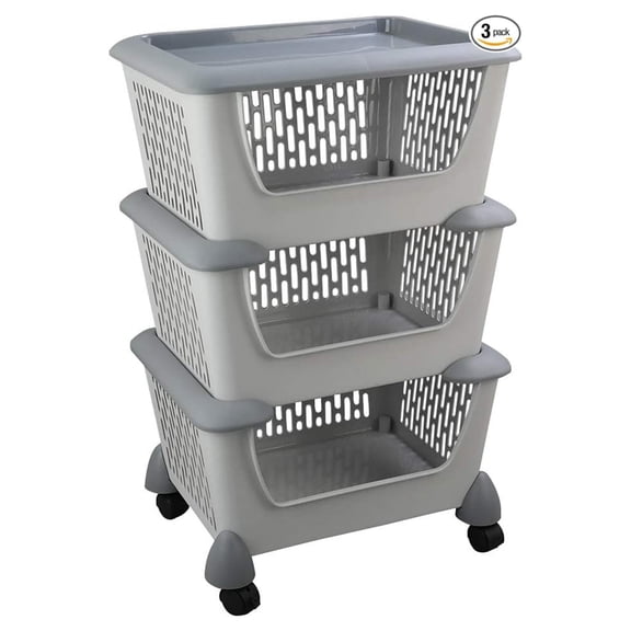 Stackable Storage Baskets 3-Tier, Rolling Kitchen Organizer - Gray Plastic Utility Bins for Pantry, Fruit, Vegetables & Toys - 18"L x 14.4"W x 28.7"H