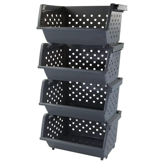 Stackable Storage Baskets 4-Pack - Gray Plastic Kitchen Organizer Bins - Durable Nesting Baskets for Food, Toys, Household Items - 17.3" x 12.8" x 9.4"