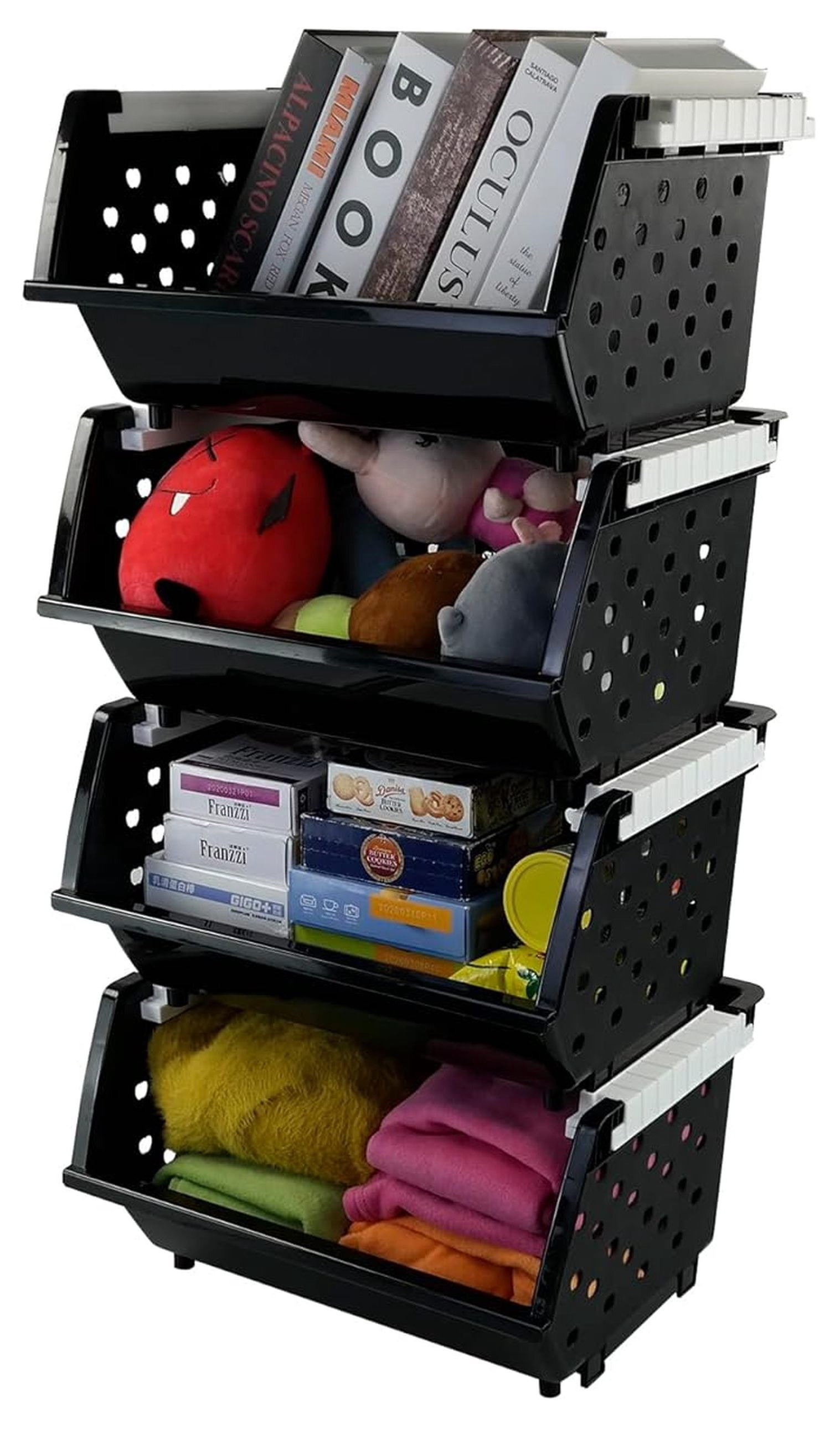 Stackable Storage Baskets 4 Pack, Large Plastic Organizer Bins - 17.3x12.7x9.5in Black - Kitchen, Closet, Bathroom, Bedroom Storage Containers