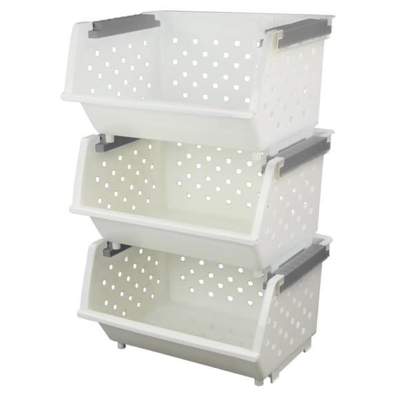 Stackable Storage Baskets 4-Pack, Plastic Organizer Bins for Kitchen, Bathroom, White