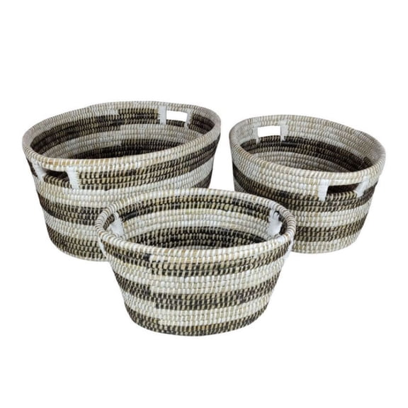 Stackable Storage Baskets Set of 3, Laundry Hampers with Handles - White & Black Bathroom Supplies