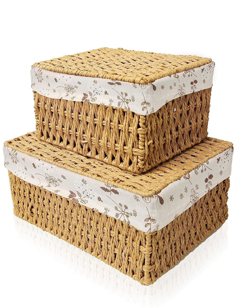 Stackable Storage Baskets With Lid And Removable Liner, Decorative Rope