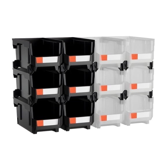 Stackable Storage Bins 12 Pack - 14.8 x 8.5 x 7.1 Inch Plastic Organizer Containers for Garage, Office, Small Parts, Accessories - Black & Clear