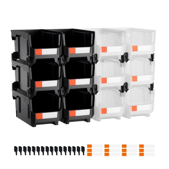 Stackable Storage Bins (12 Pack), 14.8 x 8.5 x 7.1 inch - Plastic Organizer Containers for Garage, Office, Small Parts, Accessories - Black & Clear