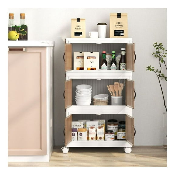 Stackable Storage Bins 60/25.5 Gal, Foldable Storage Boxes with Doors & Casters - Large Capacity Rolling Storage Containers for Clothes, Toys, Living Room, Bedroom, Closet Organization - White/Brown