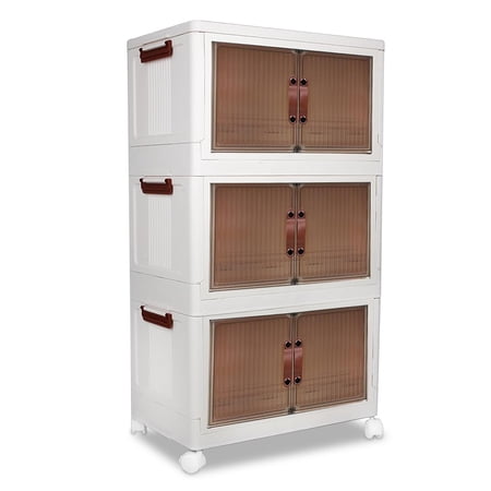 Stackable Storage Bins, 96Qt Storage Boxes with Lids and Doors, 3 Tier Closet Organizers with Wheels, Collapsible Folding Storage Box for Bedroom Kitchen Study Office, White