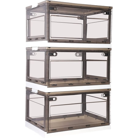 Stackable Storage Bins Collapsible Closet Organizer Clear Box Large Cube Plastic Container with Handles & Wheels, 2 Ways to Open for Playroom, Home and Camping Cabinet (25Quarts+3Pcs, White)