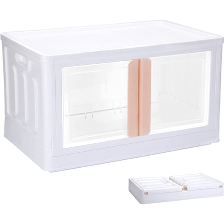 Stackable Storage Bins Collapsible Closet Toy Organizer Clear Box Large Cube Plastic Container with Handles & Wheels, 2 Ways to Open for Playroom, Home and Camping Cabinet (50Quarts, Offwhite)