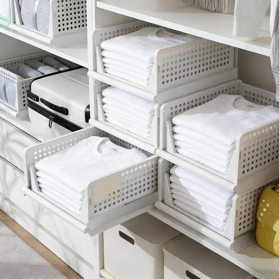 Stackable Storage Bins, Foldable Wardrobe Organizer Drawers, Plastic Closet Shelves for Shoes Clothes Toys(White-B)