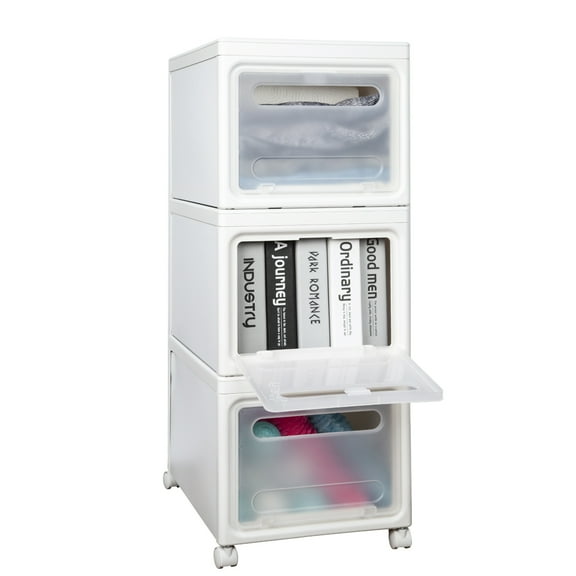 Stackable Storage Bins,Hengu 3 Tier Storage Containers with Wheels and Lid, Rolling Cart for Living Room, Office, Bedroom & Bathrooms,White