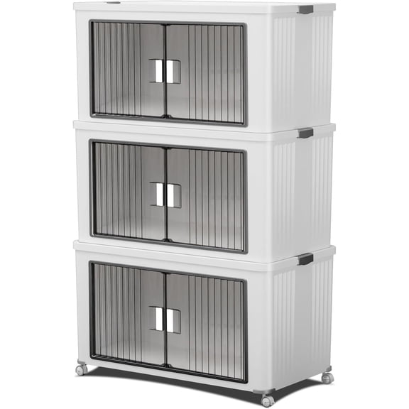 Stackable Storage Bins with Individual and Front Doors, Modular Organizer with Wheels, Use Together or Separately for Clothes, Blankets, Toys and Light Household Items