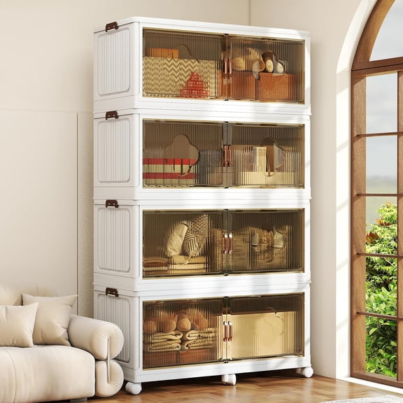 Stackable Storage Bins with Lid & Wheels, 136 Gal/544 Qt Extra Large Plastic Storage Containers, Foldable Collapsible Organizer Box for Garage, Pantry, Closet (4-Pack, Cream White)