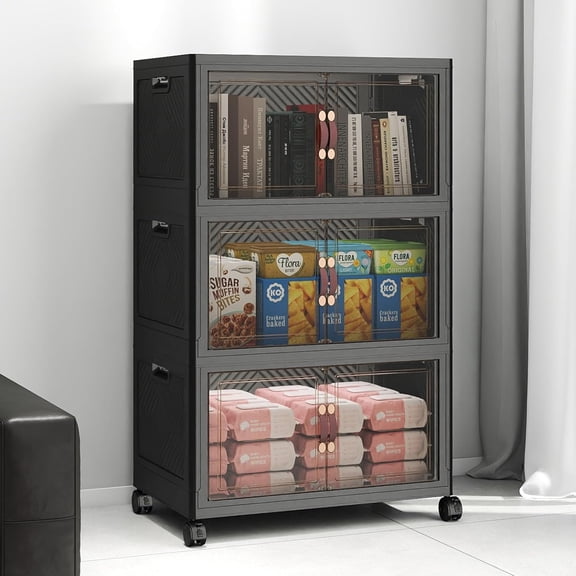 Stackable Storage Bins with Lids, 144QT Closet Organizers, Lockable Storage Cabinet, Foldable Storage Box with Doors and Wheels, Plastic Drawers for Home, Garage, Office (3, Black, Medium)