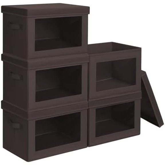 Stackable Storage Bins with Lids - Large Decorative Basket with Lids, Fabric Foldable Closet Organizer Bins, Shelf Organizer for Living Room, Dorm, 5 Pack, Brown