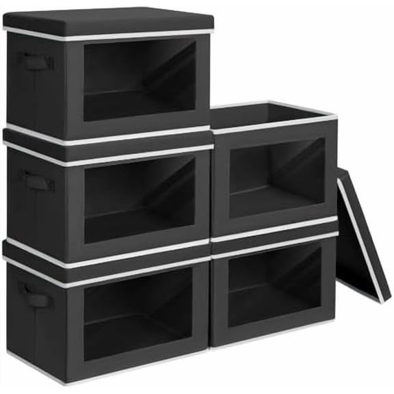 Stackable Storage Bins with Lids - Medium Storage Box with Lids, Foldable Closet Boxes for Organizing, Wardrobe Clothes Organizer with Window, Cubes Bins for Living Room, 5 Pack, Black