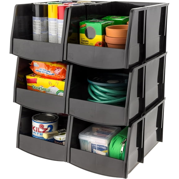 Stackable Storage Bins Open Front, 6 Pack, Plastic Hanging Organizer Caddy Basket for Hardware Crafts, Small Parts, Nuts and Bolts, Garage Tool Storage, Jumbo, Black