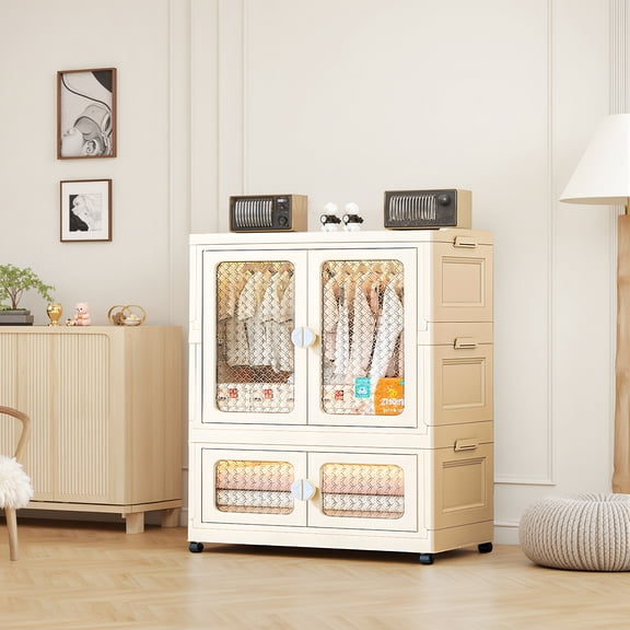 Stackable Storage Bins, Plastic Collapsible Storage Bin Containers, Stackable Storage Bins With Doors, Wheels And Hanging Rods For Living Room Bedroom