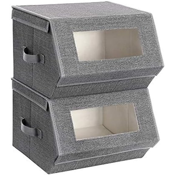 Stackable Storage Bins Set of 2, Storage Boxes with Lids and Front Windows, Non-Woven Fabric Closet Organizers with Magnetic Closures, Side Handles, Dark Gray URPLB02G