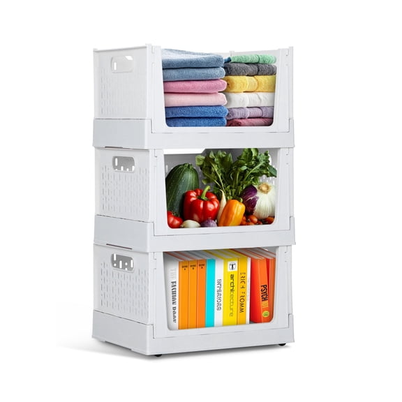 Stackable Storage Bins with Wheels, 3 Pack Foldable Storage Boxes, Plastic Drawer Organizer Container for Closet Office Bedroom Kitchen Bathroom, Ivory