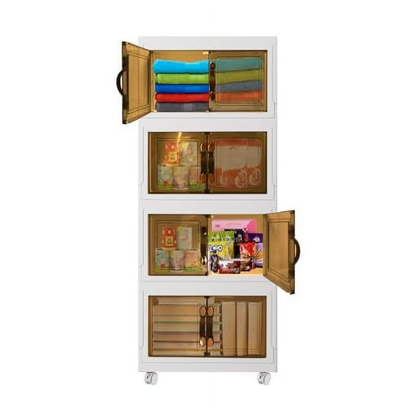 Stackable Storage Bins with Wheels and Magnetic Doors, 4x34L Plastic Stackable Closet Organizers for Clothing Storage, Folding Storage Containers for Living room, Bedroom, Kitchen