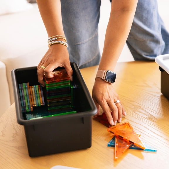 Stackable Storage Bins with Lids, 10-Piece Black Plastic Organizer for Home Office Garage