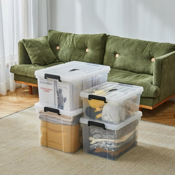 Stackable Storage Bins with Lids - Clear Plastic Organizing Containers 72Qt x 4 Pack for Home Garage