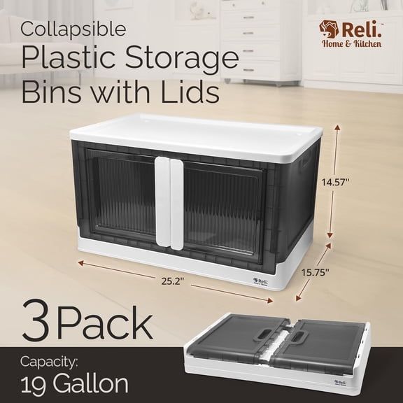 Stackable Storage Bins with Lids and Doors - 19 Gallon Collapsible Plastic Cabinet with Wheels