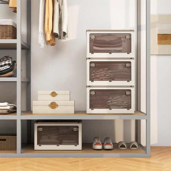 Stackable Storage Bins with Lids and Hidden Wheels - 3 Pack Collapsible Plastic Boxes for Closet Dorm Office