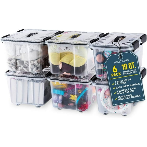 Stackable Storage Boxes - Clear Plastic, Black Seal, Modular Design 19 Quarts