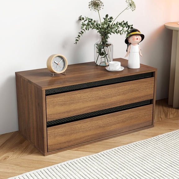 Stackable Storage Cabinet with 2 Drawers & Dark Glass Window Modular Cabinet Rectangle for Dining Room, Bedroom, Living Room Small Walnut Finish