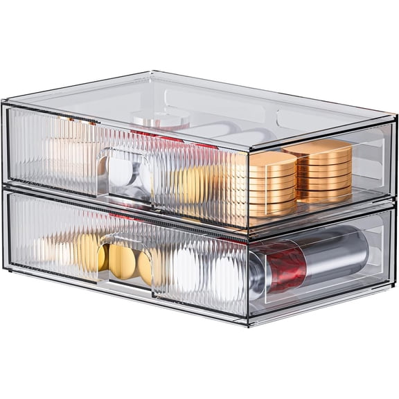 Stackable Acrylic Storage Drawer 2 Piece, Cosmetic Organizer for Dresser Bathroom Cabinet, Clear Beauty Product Container