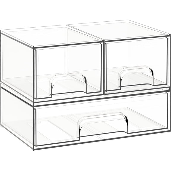 Stackable Storage Drawers, 3 Pack Clear Acrylic Makeup & Bathroom Organizer, Versatile Storage Bins for Vanity, Under Sink, Kitchen Cabinets & Pantry