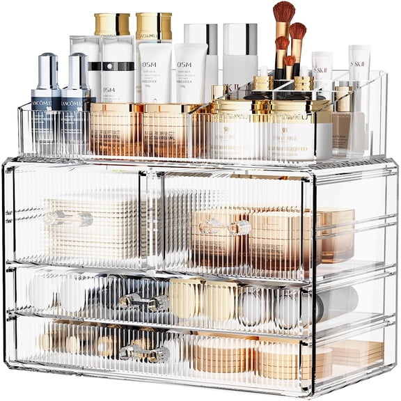 Stackable Storage Drawers, Acrylic Bathroom Counter Organizer Clear Makeup Organizers for Vanity, Kitchen Cabinets, Bathroom, Undersink, Home Organization and Storage (1 Top 4 Drawers D)