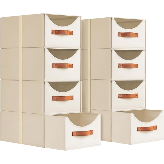 Stackable Storage Drawers - Collapsible Storage Bins with Drawers, 8 Pack Closet Shelf Organizer Basket, Fabric Pull Out Organizer for Bedroom, Living Room, Dorm, Beige