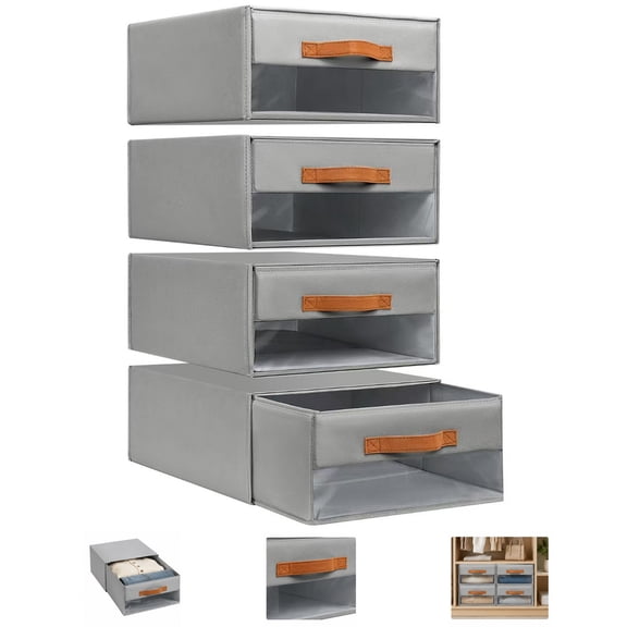 Stackable Storage Drawers with Pull-Out Bins, Clear Window Closet Organizer with Weekly Labels for Clothes, Bedroom, Living Room and Shelf Storage Organization