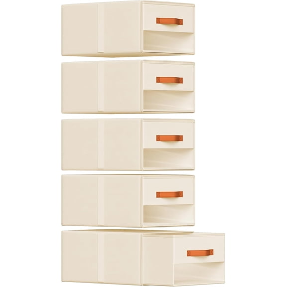 Stackable Storage Drawers - Pull Out Storage Bins with Drawers for Closet Clothes Organizers with Weekly Labels & Clear Window, Closet Shelf Storage for Bedroom, Living Room, 5 Pack, Beige
