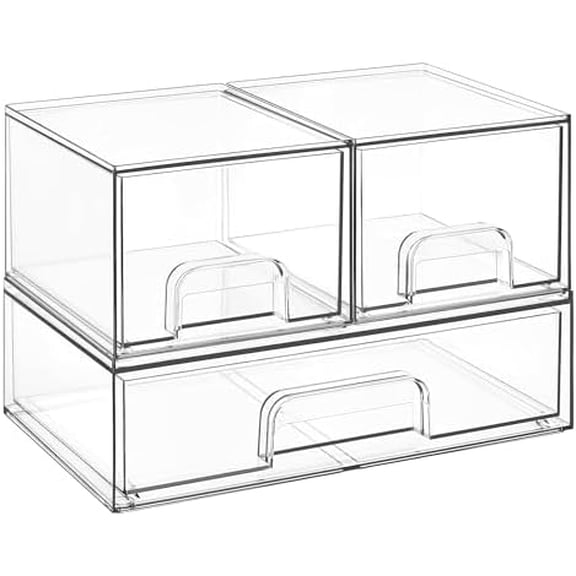 Stackable Storage Drawers Set of 3,Clear Plastic Organizer Bins for Makeup, Cosmetics, Beauty Supplies,Ideal for Vanity, Bathroom,Cabinet,Pantry Organization